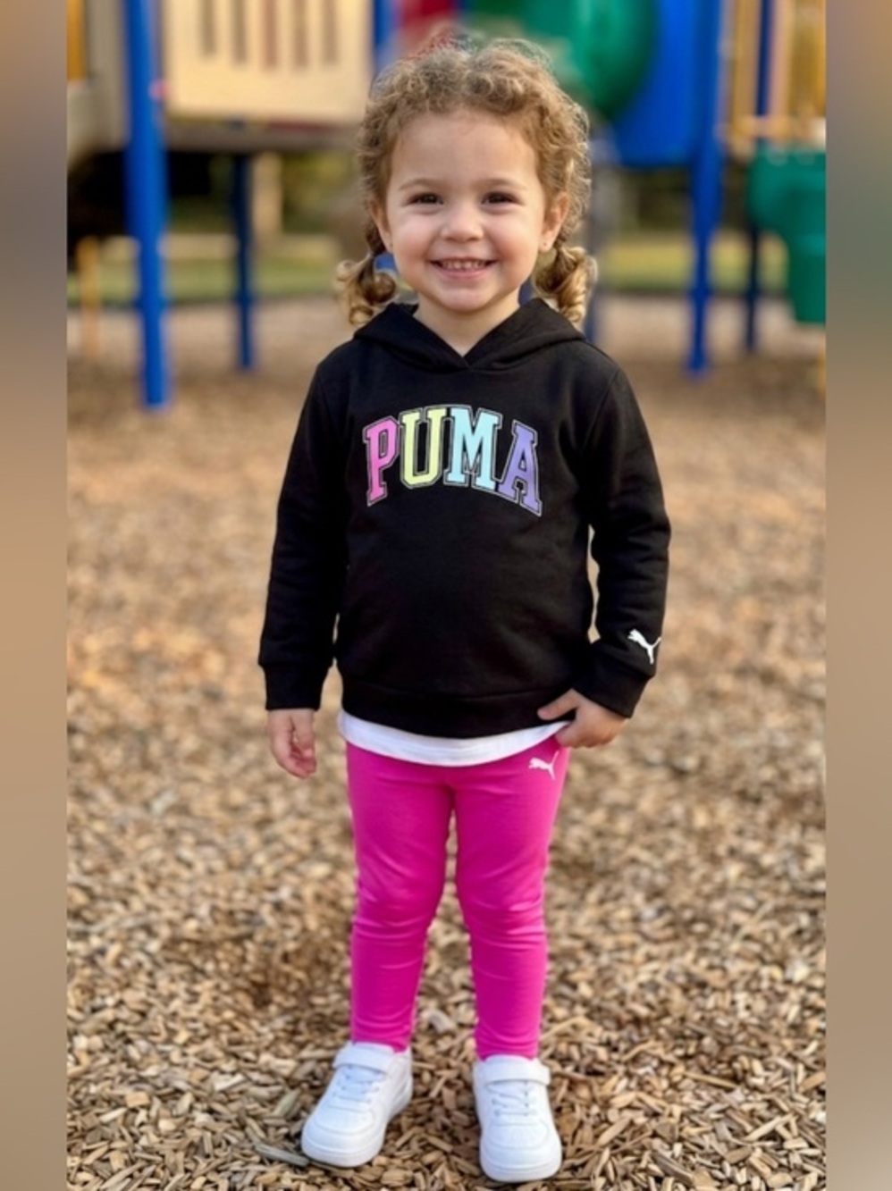 Puma Black Hoodie with Neon Rainbow Logo & Hot Pink Leggings 3-Piece Set 3T NWOT